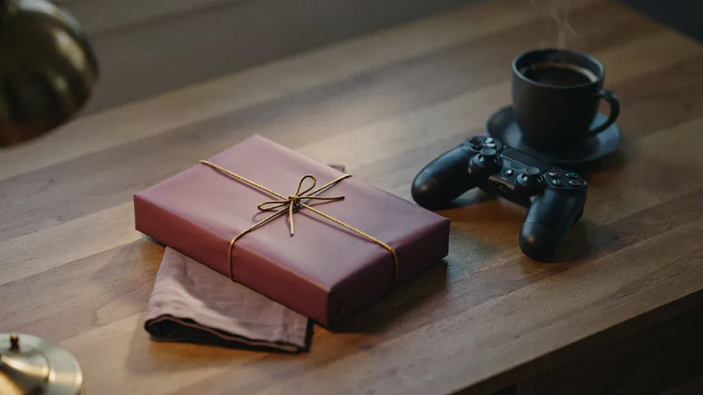 A flat wrapped parcel in deep plum paper with a gold cord resting on a warm wooden desk beside a black game controller and a dark ceramic coffee mug