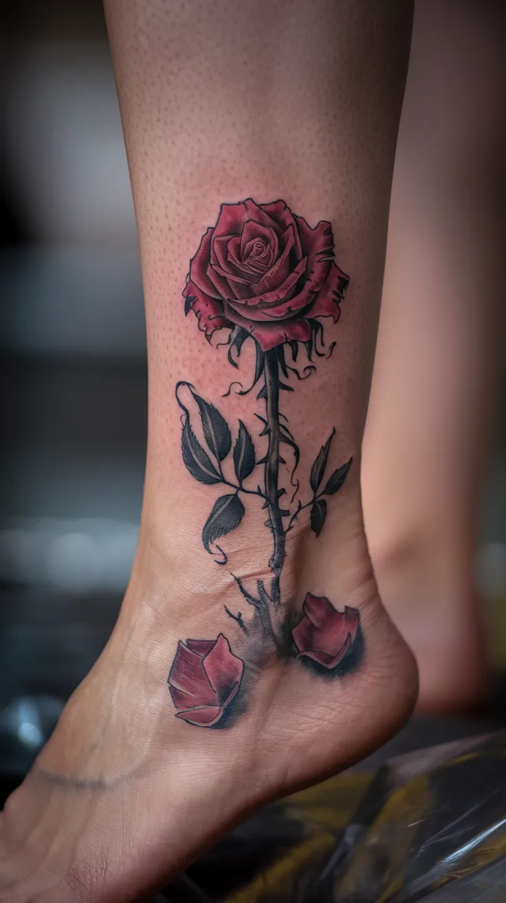 Close-up of a tattered rose tattoo on a woman's ankle, with fallen petals at the base and torn, curling edges on the remaining petals. Soft, melancholic lighting. Poetic and real