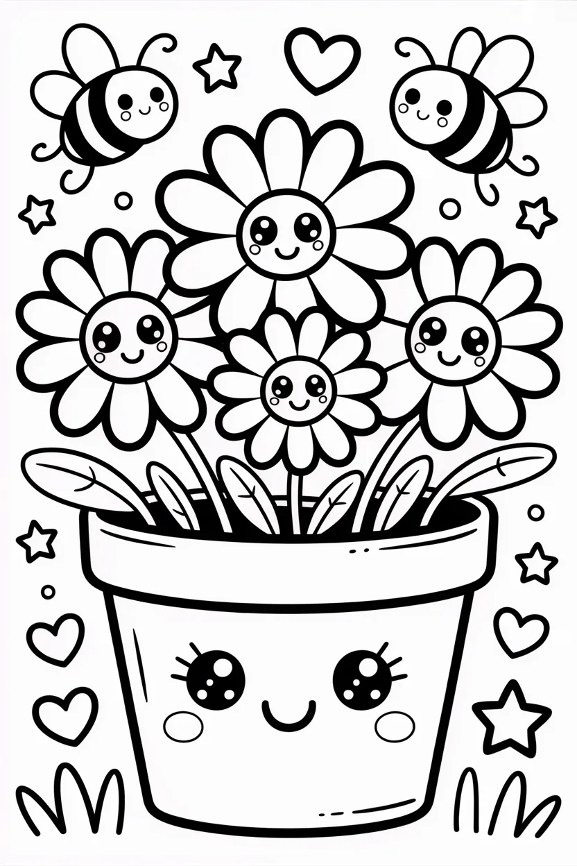 cute kawaii flowers pot coloring pages free printable