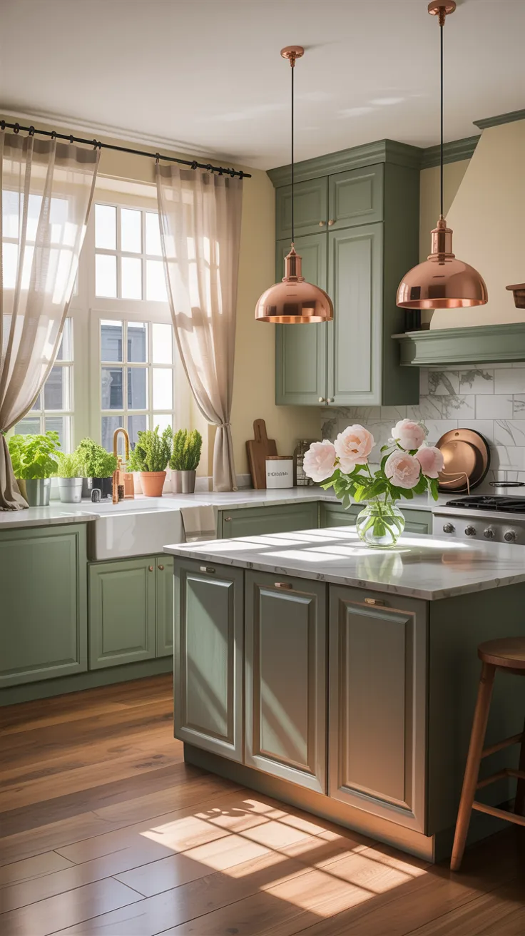 A bright, modern kitchen interior with sage green cabinets and white marble countertops. Two large copper dome pendant lights hang from the ceiling above a central island. The kitchen features hardwood flooring in a warm brown tone with natural sunlight casting geometric shadows across it. A large window with white trim and sheer beige curtains dominates one wall, allowing natural light to stream in. On the windowsill, there are several potted herbs and plants. A vase with pink roses sits on the marble island counter. The backsplash is white with a subtle pattern. A wooden bar stool is partially visible at the right edge of the frame. The cabinets have a classic raised panel design, and the overall color scheme combines sage green, white, copper, and warm wood tones. The kitchen has a clean, organized appearance with minimal decorative elements.