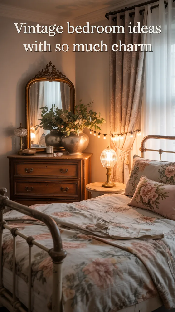 A charming vintage bedroom with soft collected styling,  antique wood dresser, brass mirror, soft floral or muted textiles, iron bed or vintage headboard, warm layered lighting, romantic old-world details, neutral vintage palette, realistic editorial photography, timeless bedroom decor, cozy nostalgic atmosphere, elegant and personal, charming but elevated