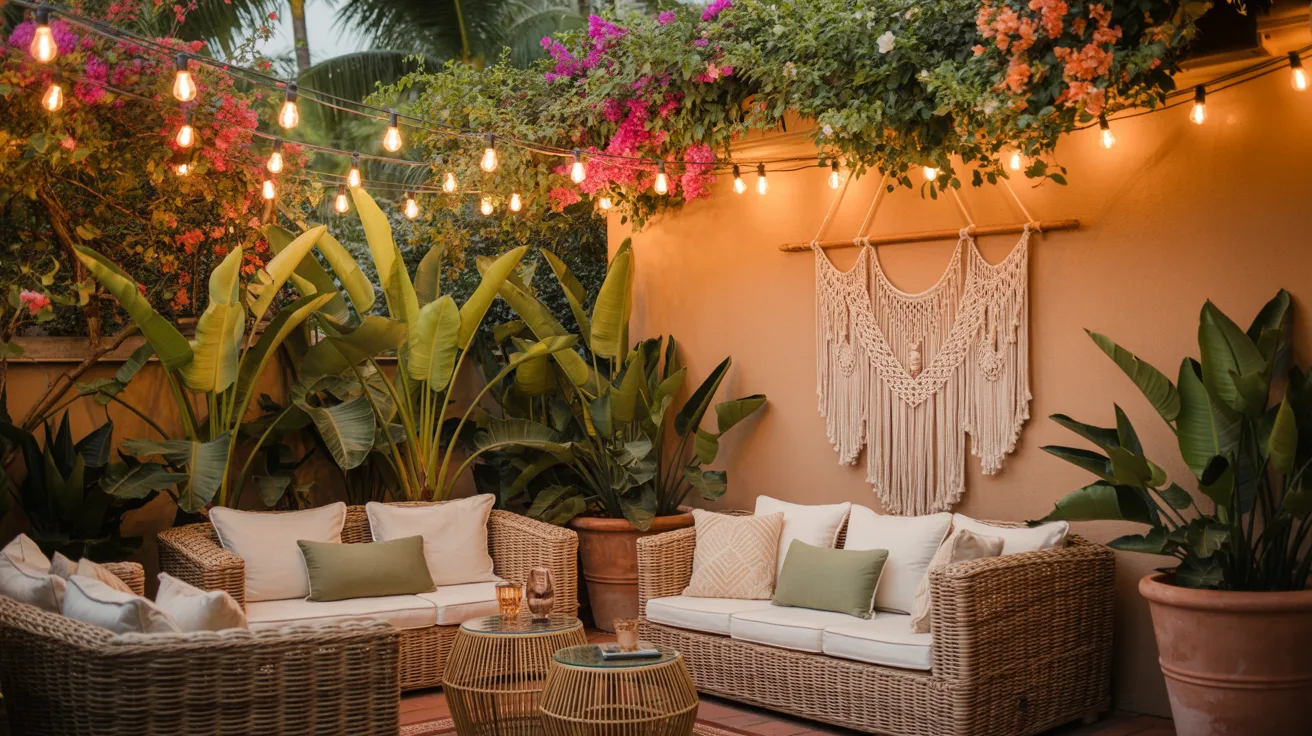Close up of gorgeous outdoor throw pillows in boho terracotta, cream and dusty rose pattern arranged on freshly painted patio furniture with succulent arrangement