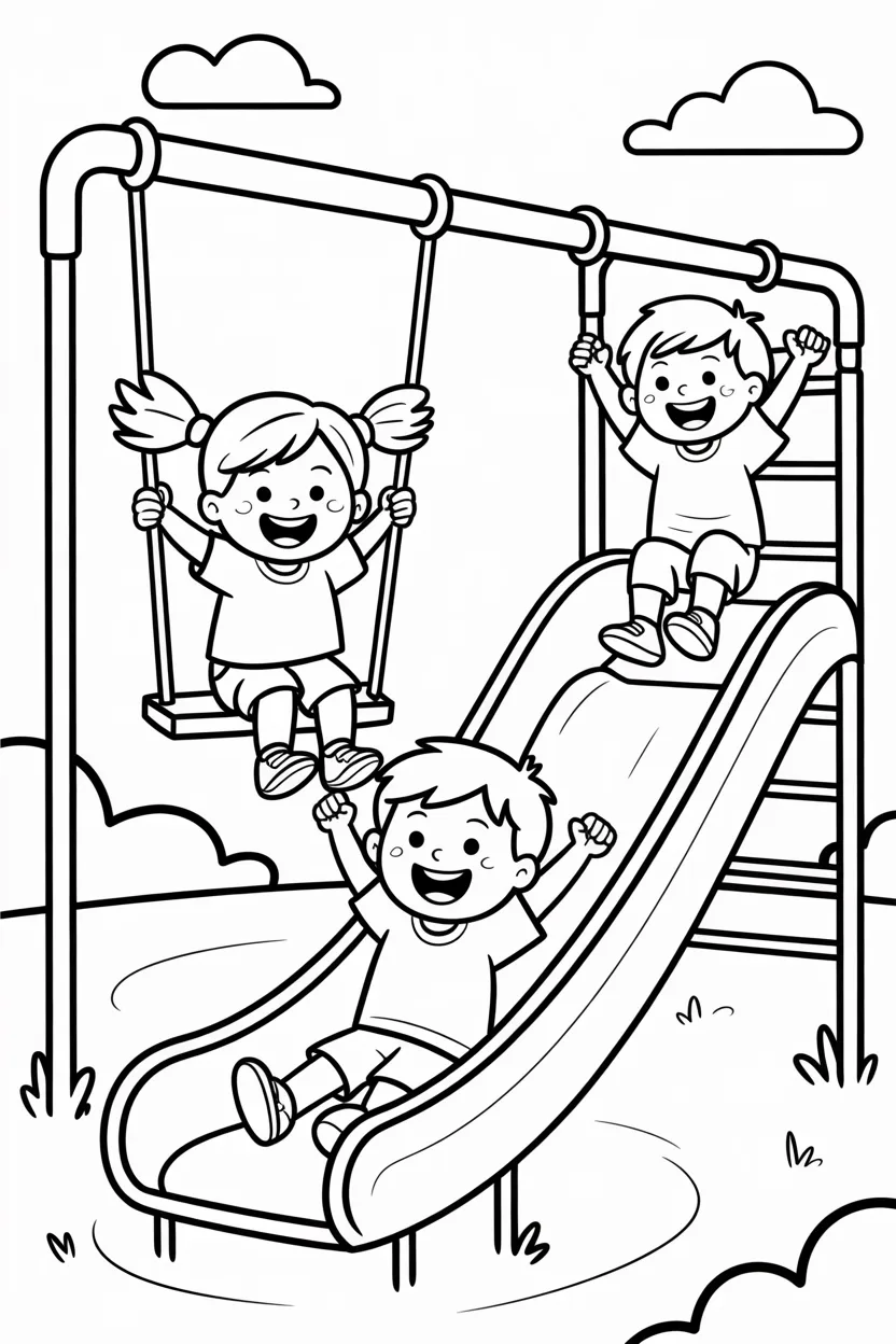 5 Kids playing scene coloring pages free printable