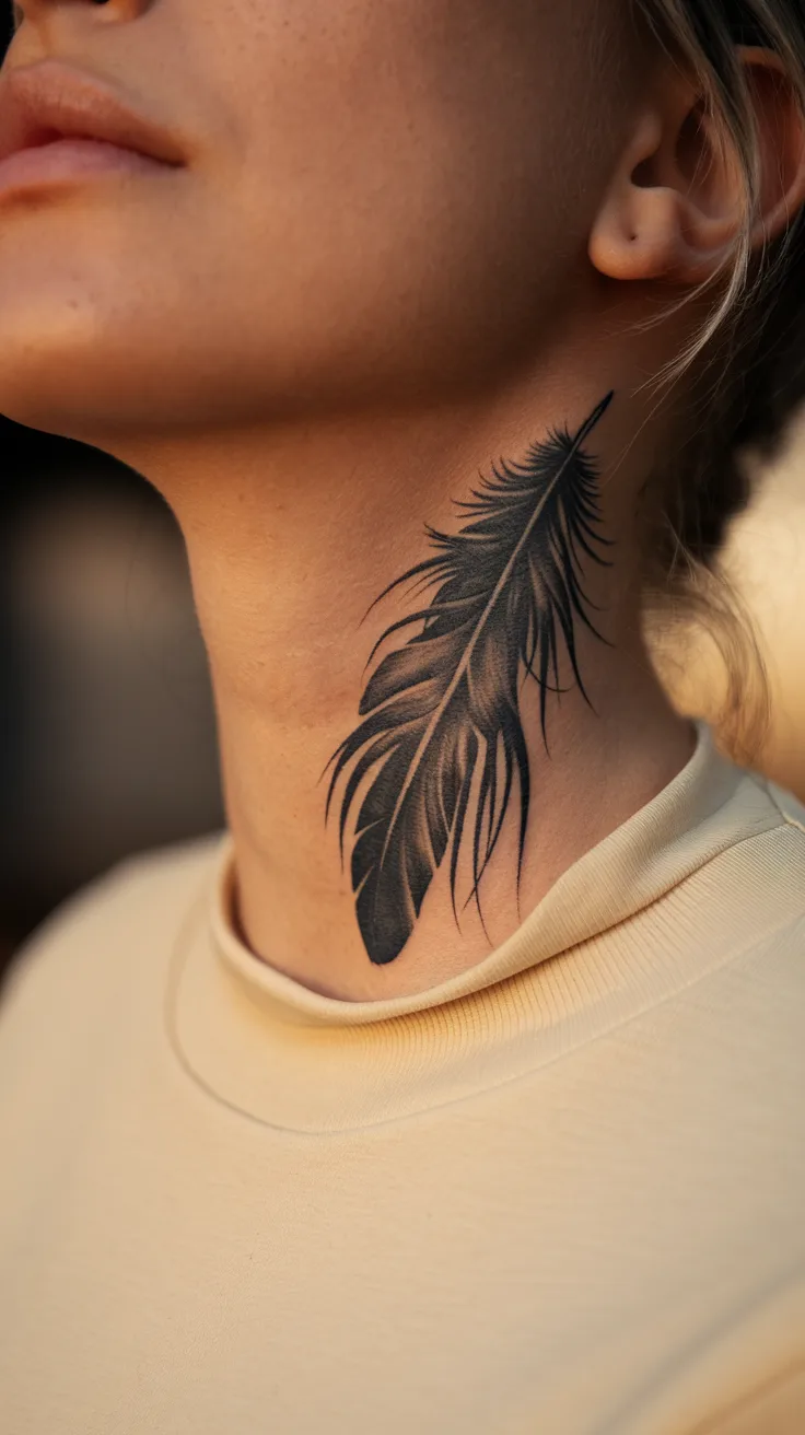 Extreme close-up of a detailed black raven feather tattoo falling down the side of a woman's neck. The feather has soft, realistic barbs. She wears a cream turtleneck. Warm, diffused light. Soft and artistic.