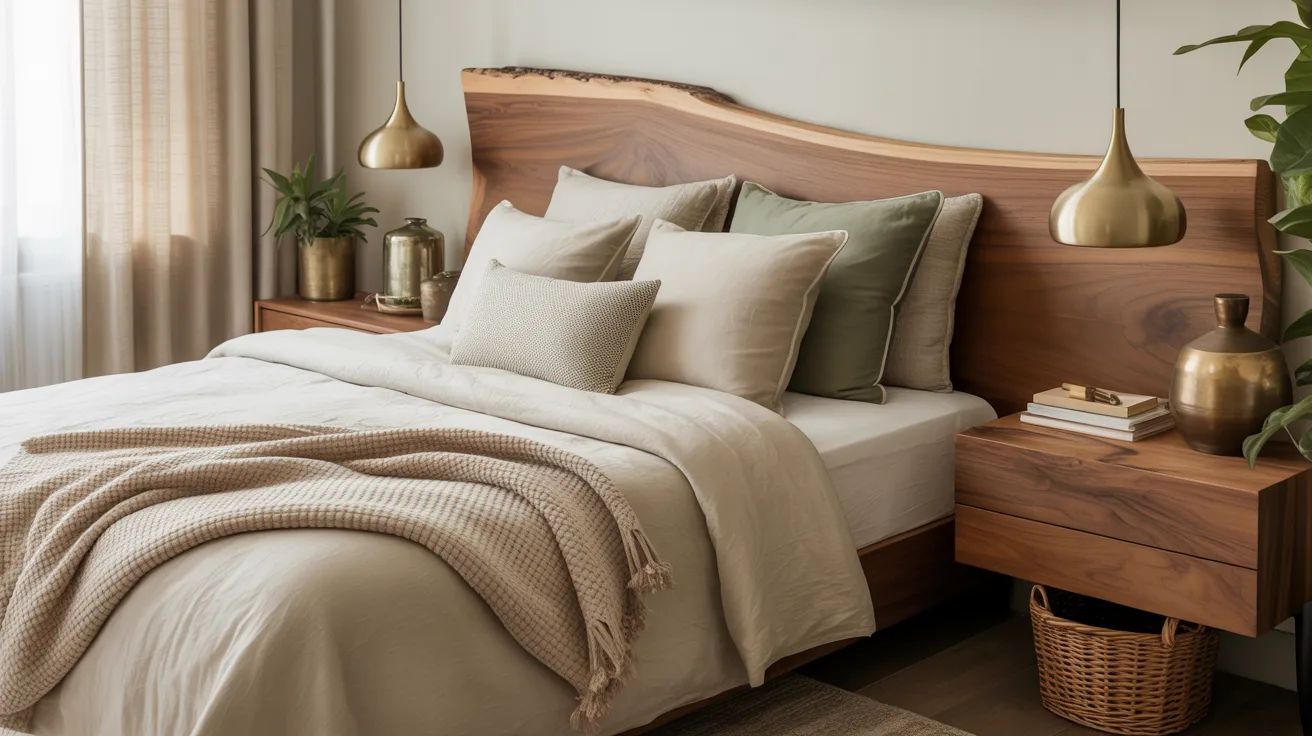 A stylish bedroom blending cozy, modern, and natural design influences,  layered neutral bedding, modern lamps, warm wood furniture, subtle vintage accents, beautifully balanced mixed-style bedroom with a cohesive, calming atmosphere