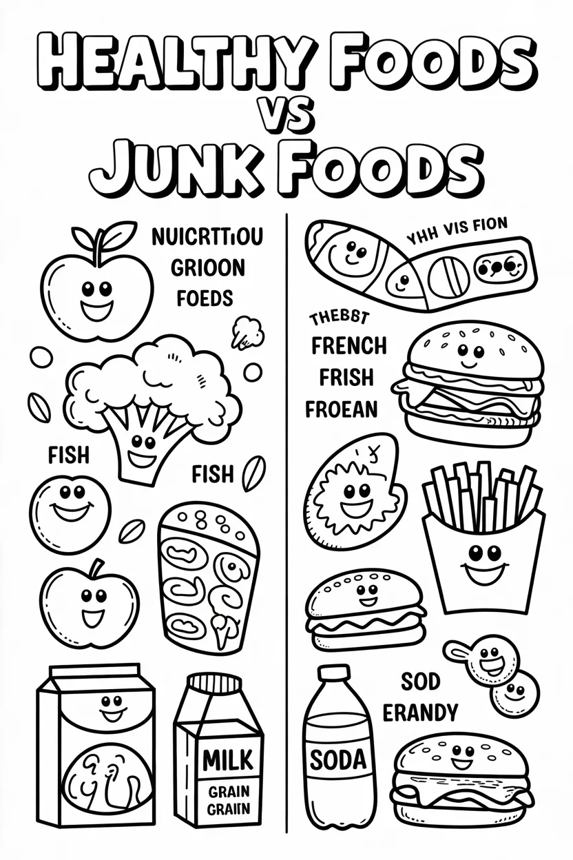 Healthy foods vs junk foods coloring pages free printable