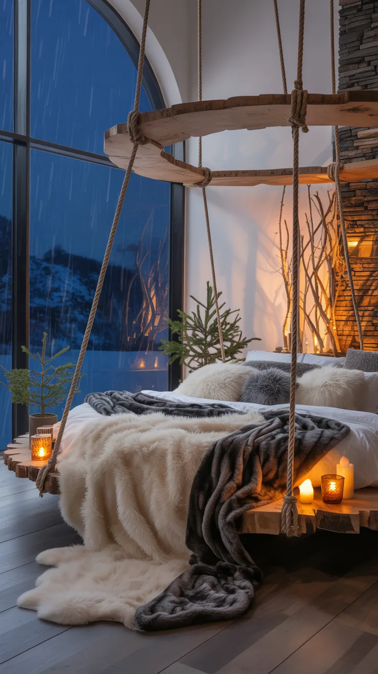 winter cozy bedroom with faux fur throw, layered blankets, warm lamp glow, dark evening outside window, hygge atmosphere