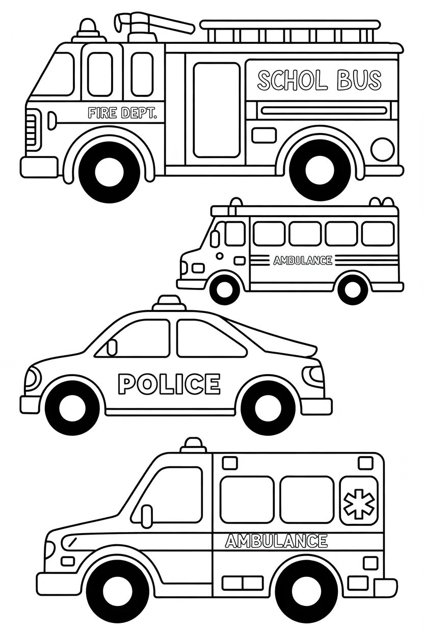 5 Vehicles coloring pages free printable