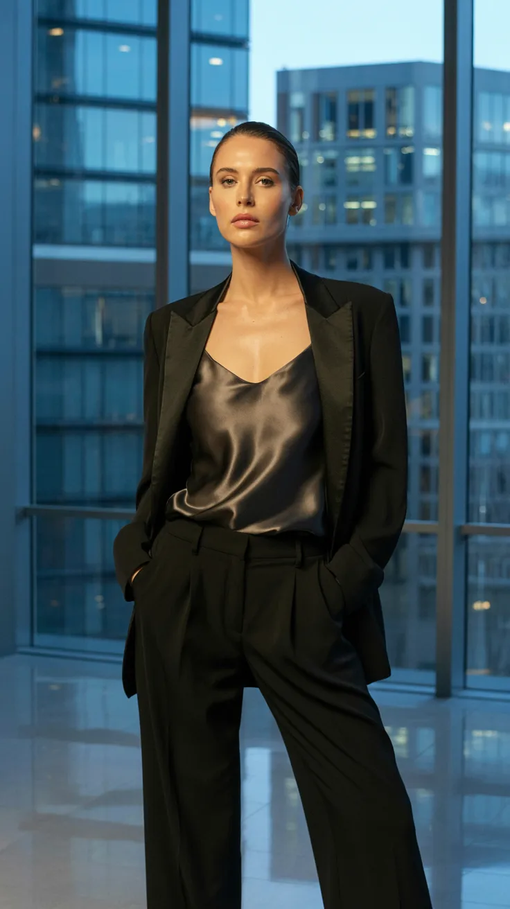 Woman in black silk camisole layered under structured blazer with matching trousers in modern office