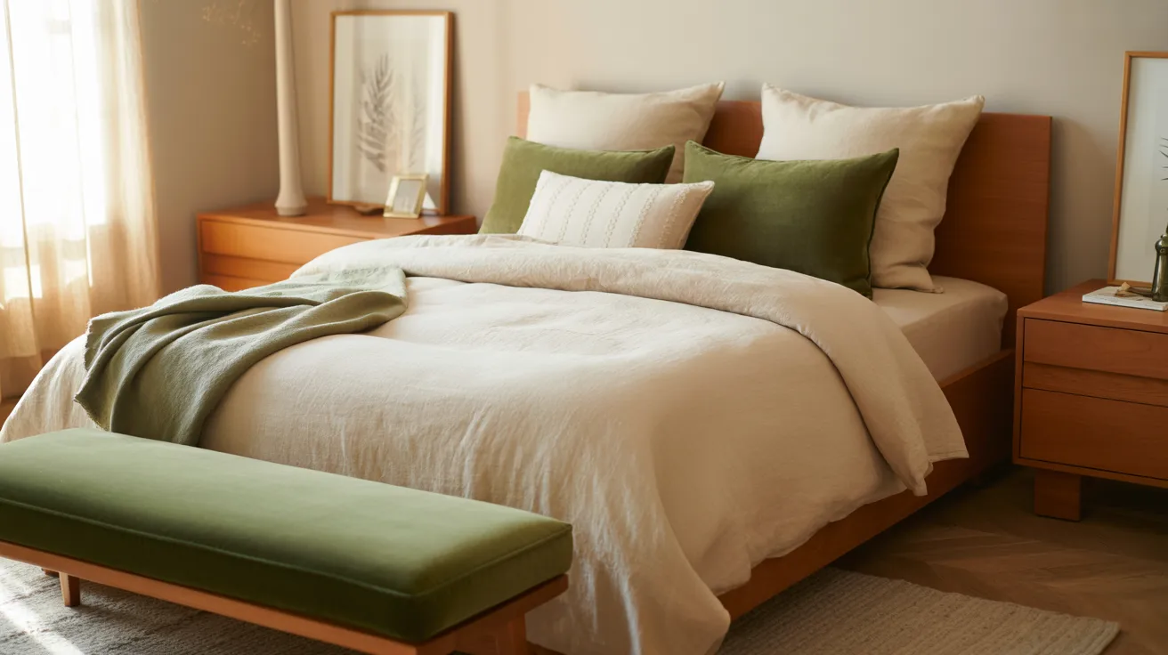 A neutral bedroom with beautiful green decor accents, cream bedding, olive and sage pillows, botanical artwork, green bench or throw, warm wood furniture, soft natural light, fresh calming vibe without painted walls, stylish and approachable home decor