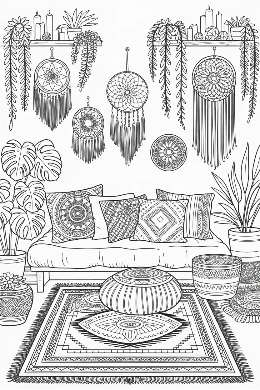 Boho style room coloring pages free printable