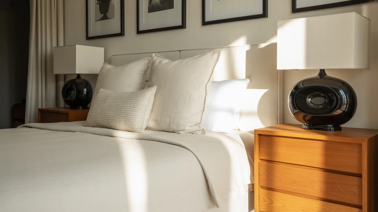 A chic black and white bedroom warmed with natural wood accents, oak nightstands, white bedding, black lamps, framed art, soft natural light, balanced and elegant bedroom composition, warm modern sophistication
