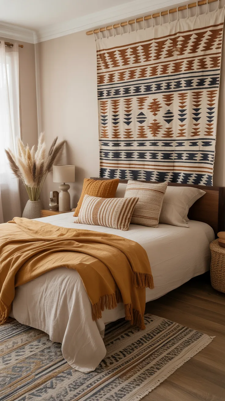 A bedroom featuring a woven tapestry with bold geometric patterns. Warm textures and layered fibers create a Bohemian aesthetic that feels cozy and artistic.