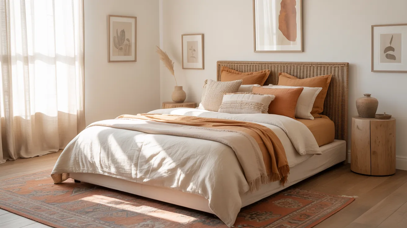 A refined boho bedroom that feels stylish and intentional, curated decor, layered bedding, subtle art, natural textures, warm neutral palette, soft morning light,  artistic but uncluttered, collected and elevated bohemian design