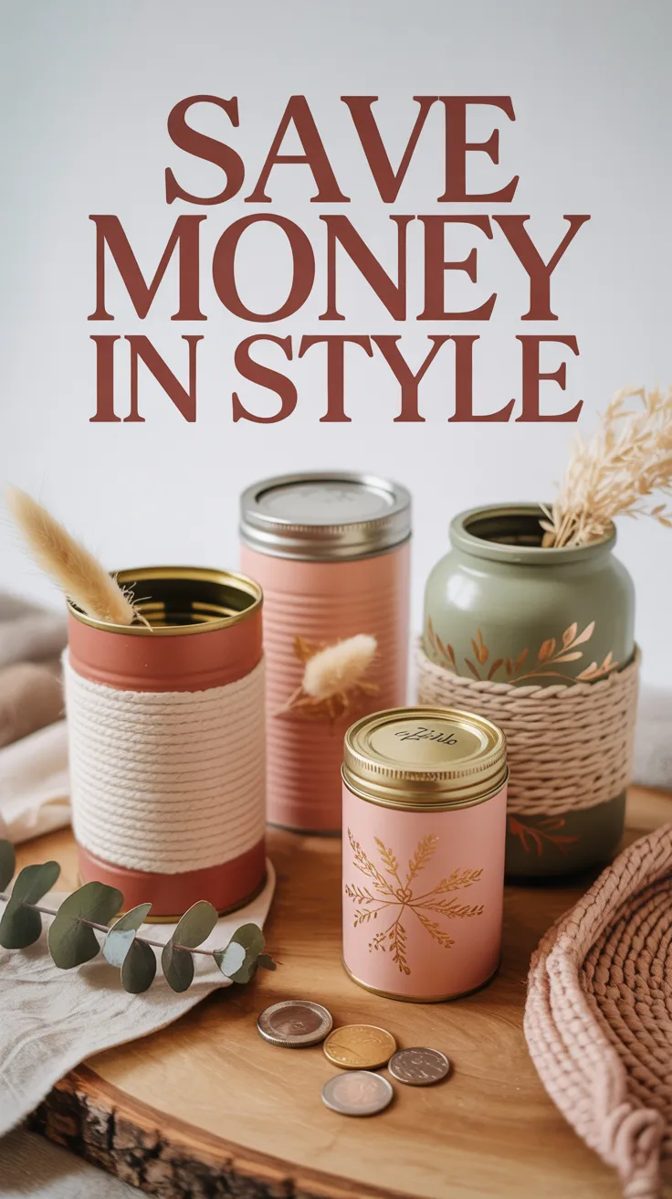 Upcycled mason jar piggy banks decorated with pastel ribbons on a farmhouse shelf