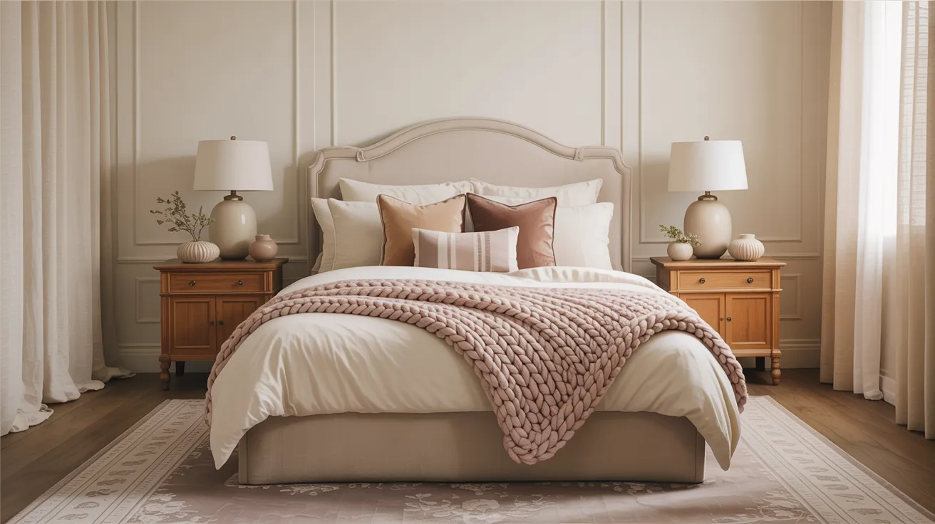A cohesive aesthetic bedroom built around a soft neutral palette, ivory, beige, taupe, blush, and warm wood tones repeated throughout the room, layered bed, matching decor accents, styled nightstands, elegant rug, soft curtains, realistic interior photography, calm and intentional design