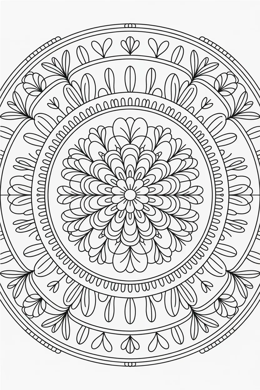 5 circular flower mandala, stress-relief coloring page free printable