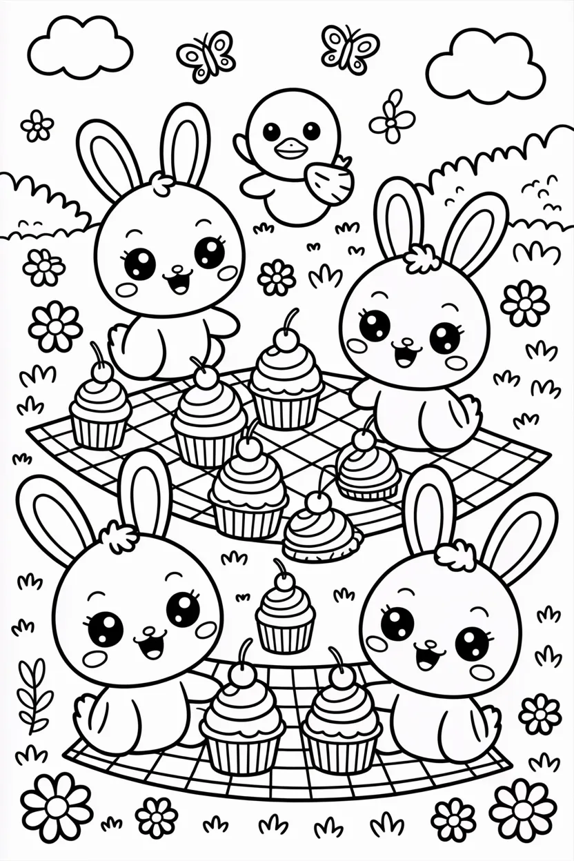 cute kawaii animals picnic coloring pages 