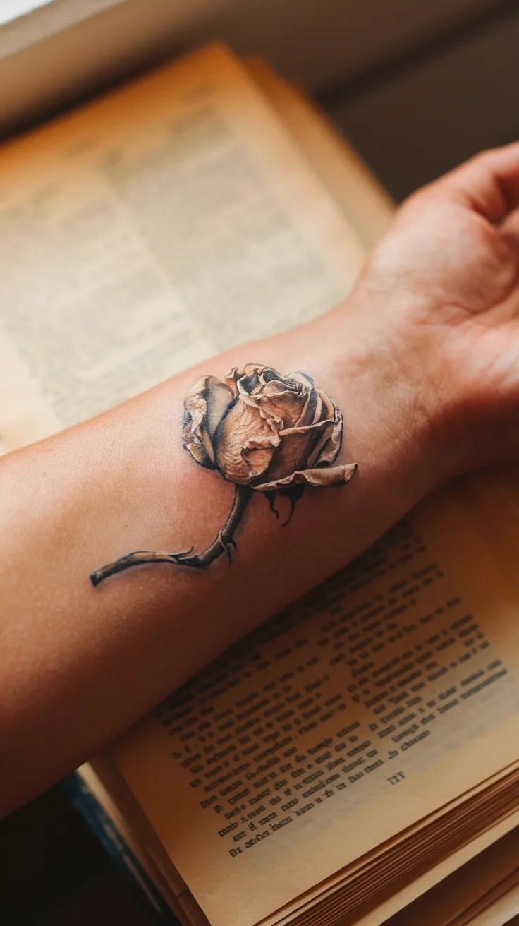 Extreme macro close-up of a dried pressed rose tattoo on a woman's inner forearm, with crumpled petals and a bent stem in soft brown and grey tones. The hand rests on yellowed book pages. Warm, nostalgic window light.