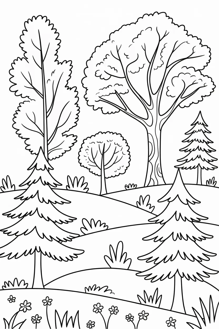 5 Trees coloring pages free printable.
