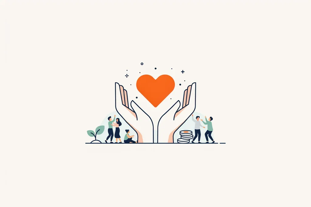 Illustration of open hands holding a heart surrounded by community members, representing nonprofit generosity