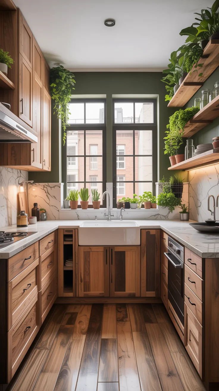 A modern L-shaped kitchen interior with dark walnut-colored wooden cabinets and hardwood flooring. The walls are painted in a deep forest green color, and a large double-hung window with black frames dominates the center of the wall. The kitchen features a farmhouse-style white apron sink with a modern chrome faucet. The countertops are white marble with gray veining. Built-in stainless steel appliances include a wall-mounted range hood and an oven. The backsplash is made of white marble tiles. Multiple wooden floating shelves are mounted on the right wall, displaying various glass jars and terracotta plant pots with green plants. A hanging pothos plant trails down from the ceiling near the window. The hardwood floor has a rich brown color with natural grain patterns. The ceiling is white with a simple circular flush-mount light fixture. The overall design combines modern elements with natural materials, creating a sophisticated urban kitchen space.