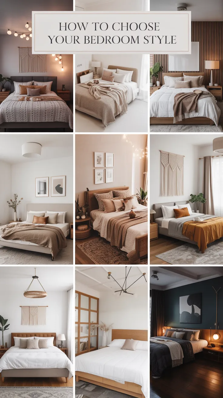 A visually compelling bedroom style comparison image,  beautifully arranged mood-board style interior scene showing sections of cozy, modern, boho, minimalist, and moody bedroom aesthetics in one polished composition, layered textures, curated decor samples, color palette harmony, realistic editorial interior styling, helpful and inspiring visual