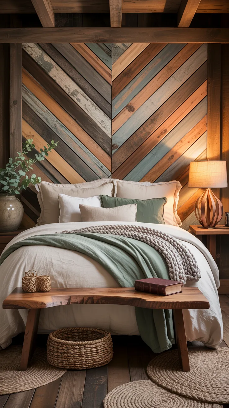 cozy bedroom featuring reclaimed wood headboard, wooden bench at foot of bed, soft layered bedding, warm lamp glow, rich natural textures 