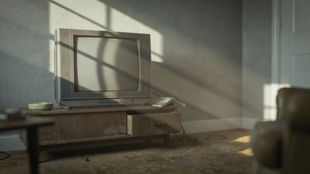 Late afternoon sunlight and floating dust over an old boxy television on a wooden cabinet in a quiet room