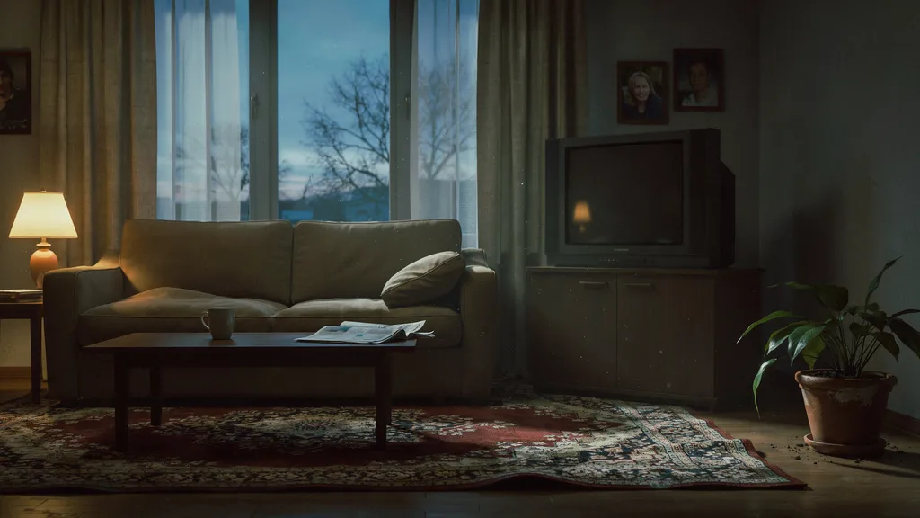An empty living room at dusk with a worn couch facing a dark switched-off television