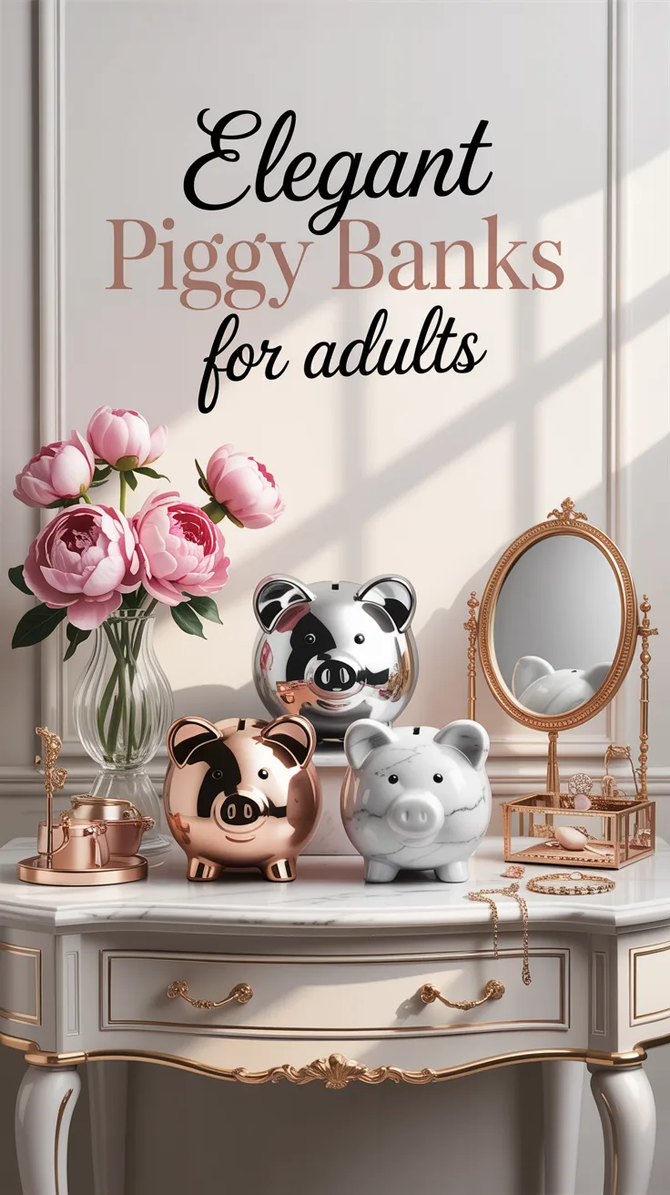 Cozy styled wooden piggy bank for children on a pastel bookshelf with soft toys