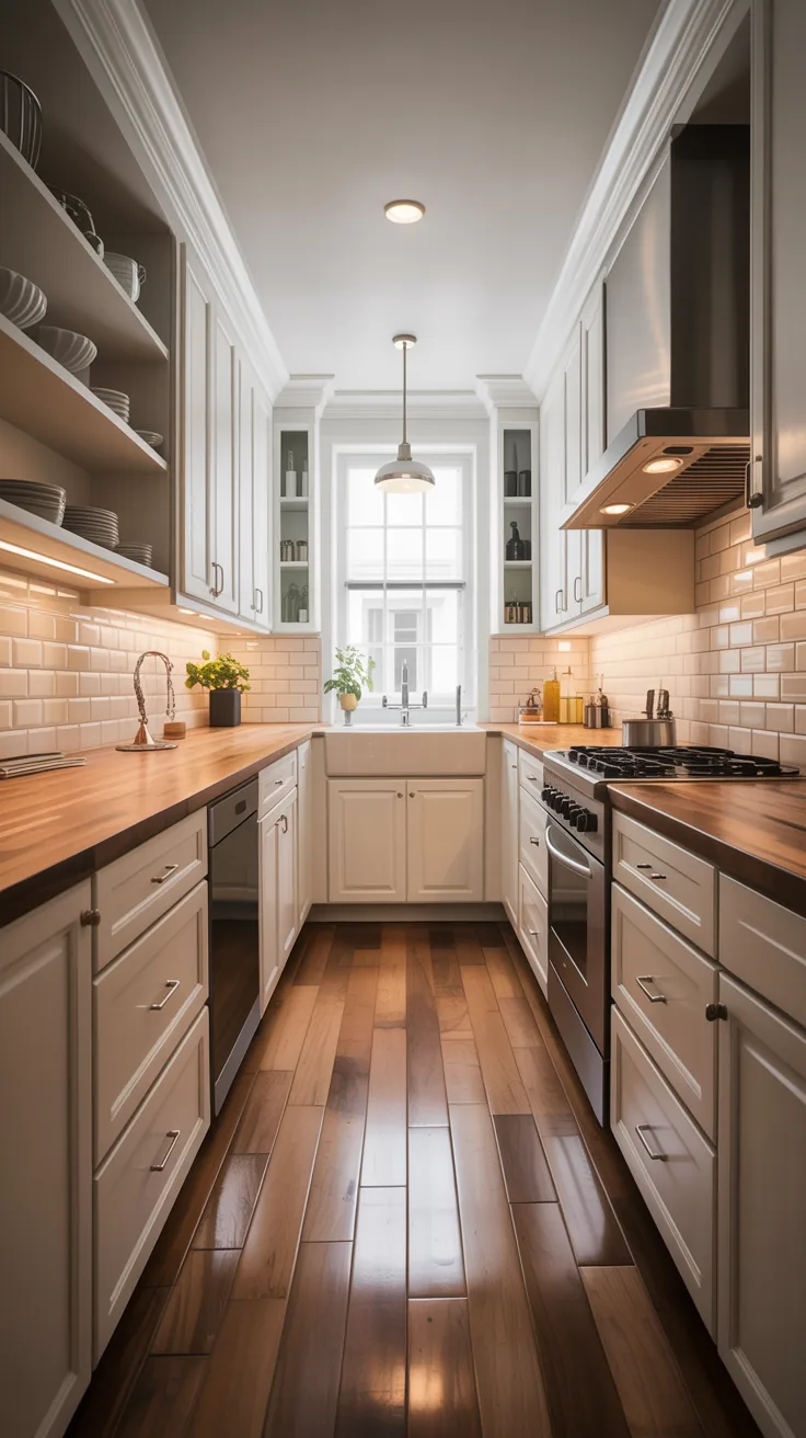 A bright, modern galley kitchen with white cabinets and warm wooden flooring. The kitchen features a long, narrow layout with white subway tile backsplash extending from floor to ceiling. The countertops are made of rich brown wood, matching the hardwood flooring. A large window with white trim is centered on the far wall, allowing natural light to flood the space. The ceiling has white crown molding and a single pendant light fixture hanging in the center. Built-in open shelving on the left wall displays white plates and serving pieces. The cabinets have silver bar handles and are painted in a crisp white color. A stainless steel range hood and professional-grade stainless steel appliances are installed on the right wall. Small potted plants sit on the windowsill and counter, adding greenery to the space. The lighting creates a warm, golden ambiance throughout the kitchen, highlighting the natural wood tones against the white surfaces.