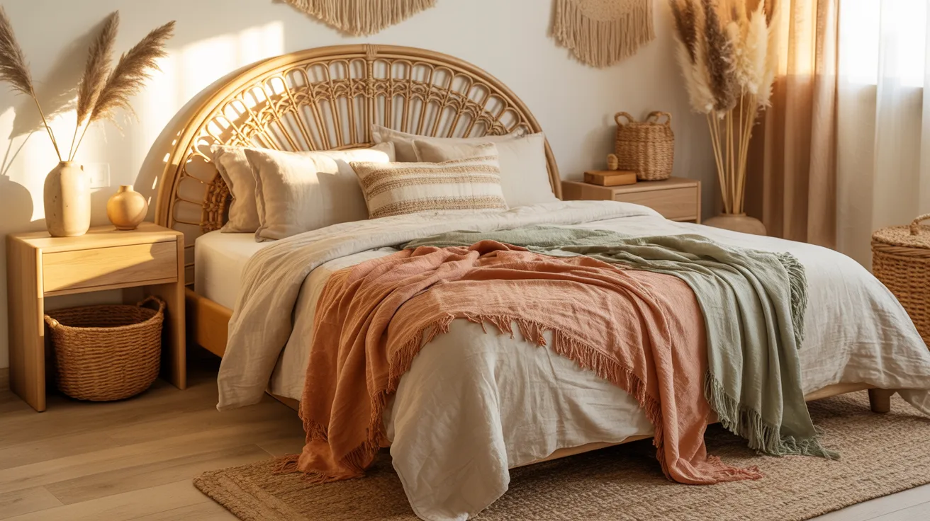 A warm boho bedroom layered with natural materials, rattan headboard, linen bedding, woven baskets, jute rug, light wood furniture, textured throw blankets, earthy sunlight, soulful and relaxed atmosphere, stylish bohemian bedroom design
