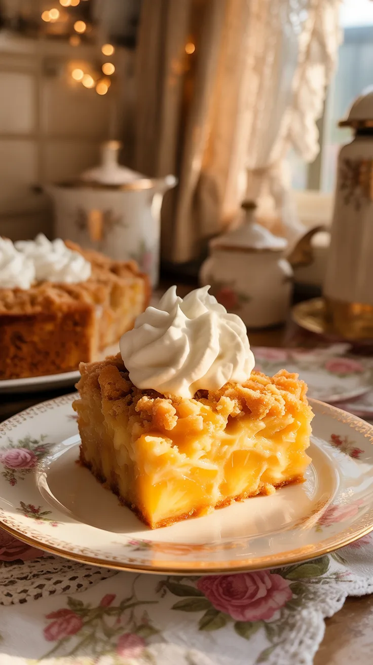 Pineapple dump cake served on a floral china plate with a dollop of whipped cream