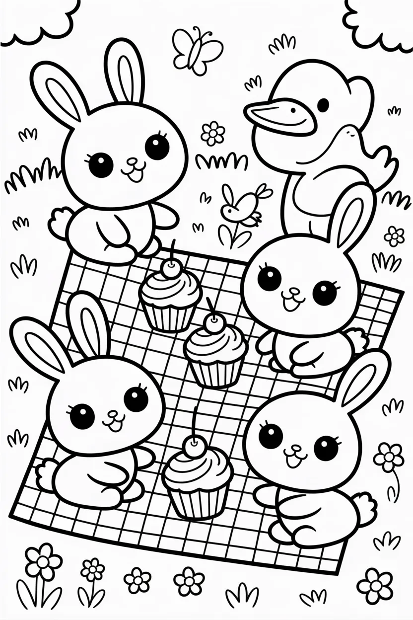 cute kawaii animals picnic coloring pages 