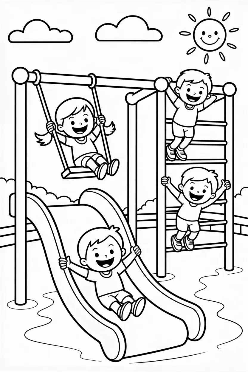 5 Kids playing scene coloring pages free printable
