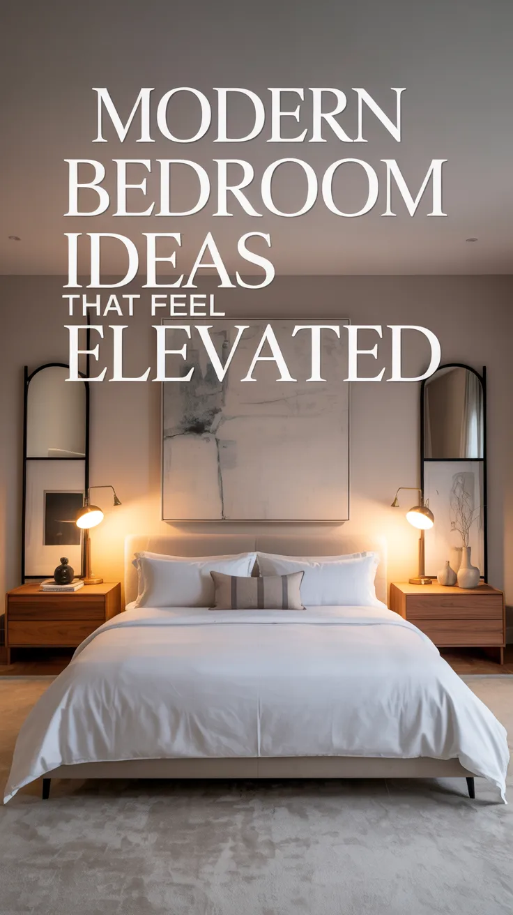 A clean modern bedroom with soft luxury styling,  low platform bed, symmetrical nightstands, oversized modern art above bed, muted taupe and cream color palette, black accents, warm wood finishes, elegant lighting, minimal clutter, upscale contemporary interior design, realistic magazine-quality photography, serene and refined atmosphere, perfectly made bed, designer home aesthetic, polished and expensive-looking