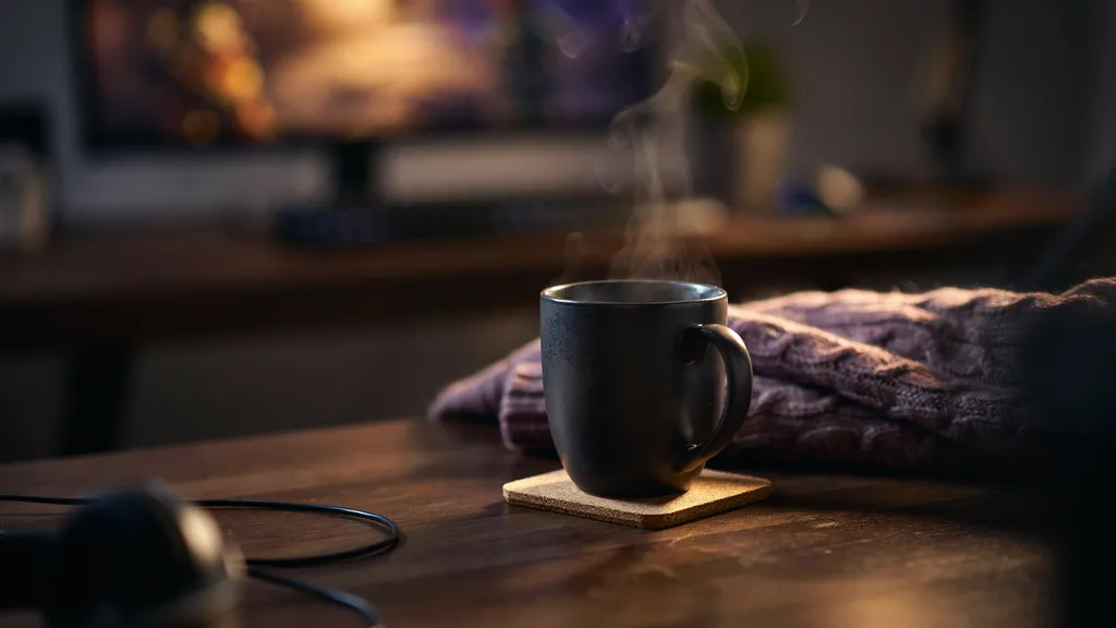 A new dark ceramic mug steaming on a square cork-backed coaster on a warm evening gaming desk, with a folded knit throw over the chair arm behind it