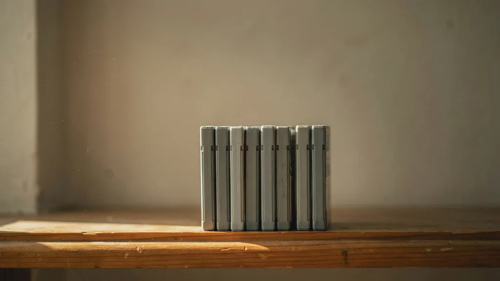 A row of unlabeled worn plastic game cartridges standing upright on a wooden shelf in warm dim light