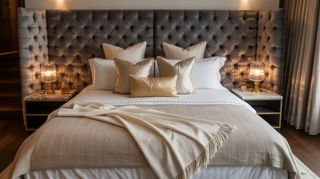 A luxurious bedroom centered around an exceptional bed, oversized upholstered headboard, premium layered bedding, elegant pillows, plush throw, hotel-inspired styling, warm soft lighting, expensive but tasteful atmosphere