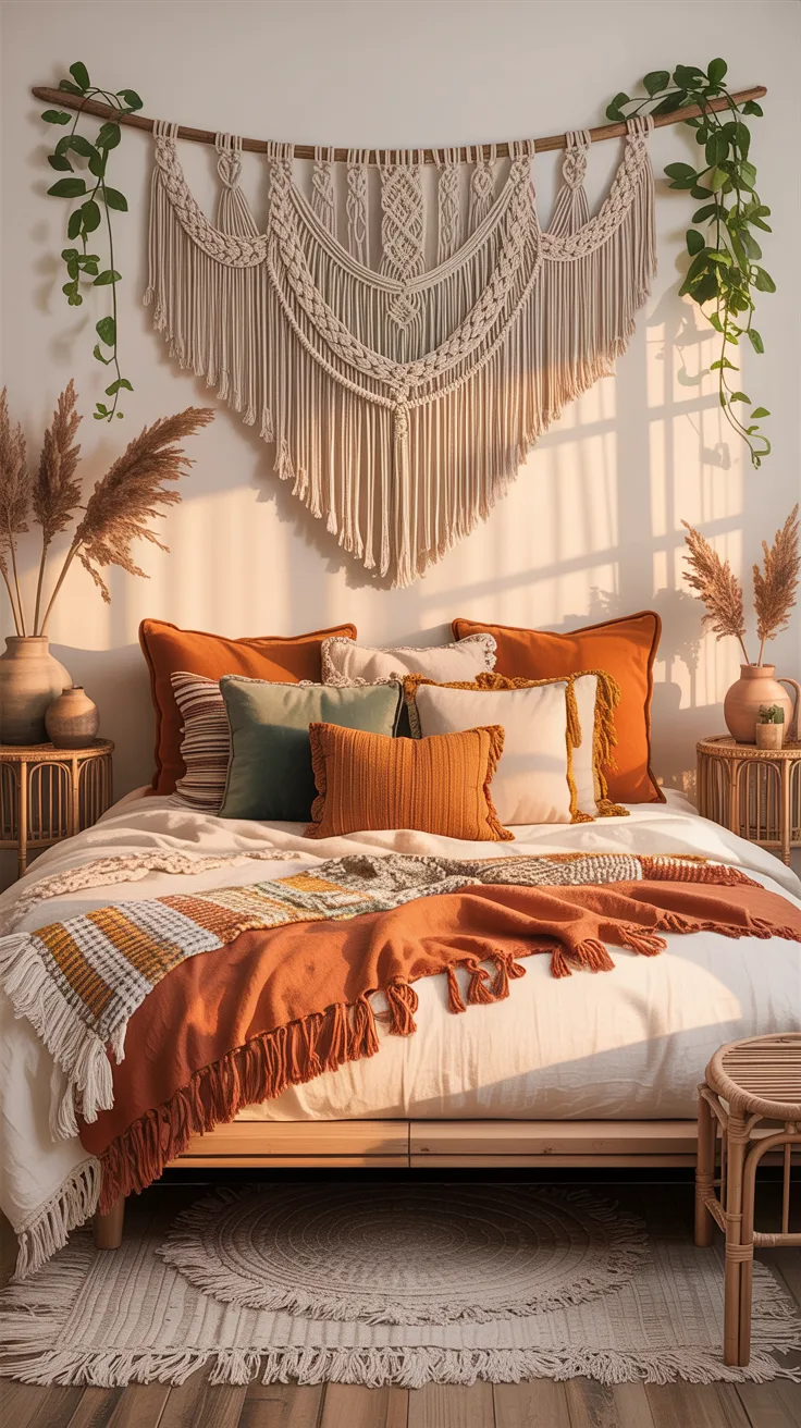 boho cozy bedroom with macrame wall hanging, rattan accents, layered earth-tone pillows, warm golden lighting, natural materials, soft textures, inviting and relaxed vibe