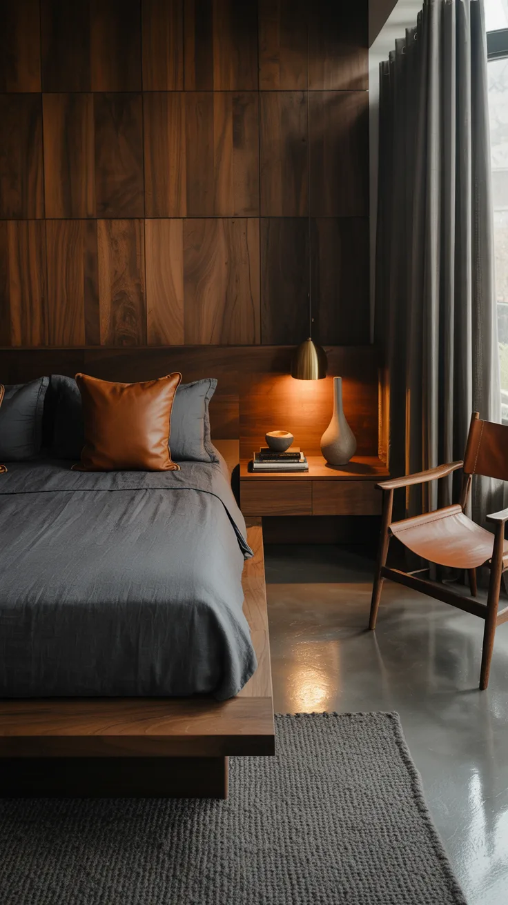 masculine cozy bedroom with dark neutral bedding, leather accents, warm bedside lighting, clean minimal styling, modern cozy vibe
