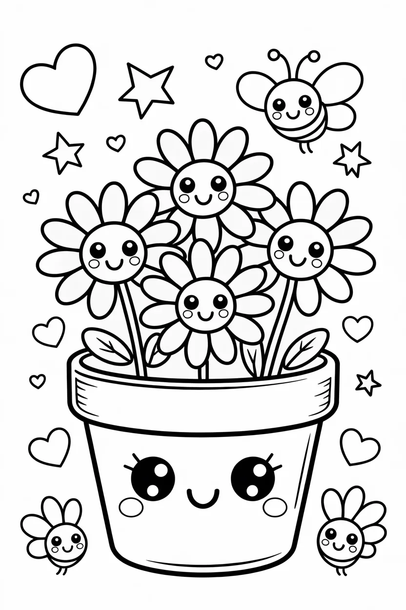 cute kawaii flowers pot coloring pages free printable