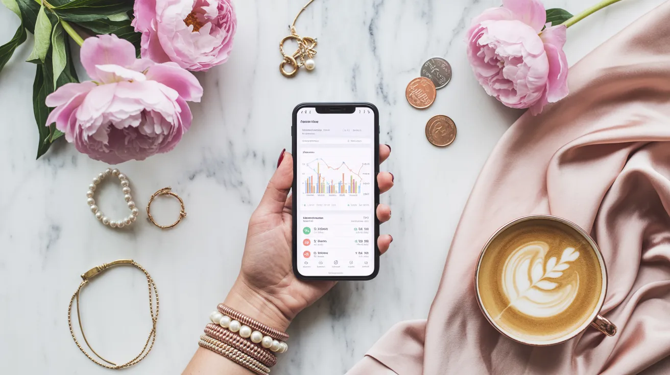 Flat lay photo of a hand holding a smartphone displaying a finance dashboard, surrounded by pink peonies, coffee with latte art, and gold accessories on a marble background