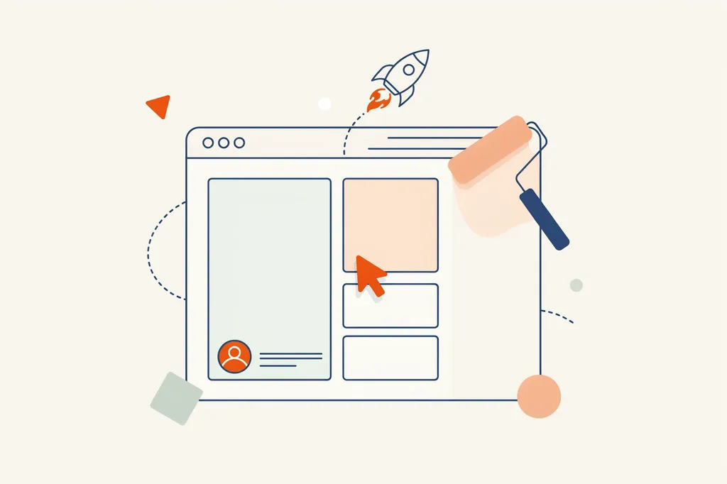 Illustration of a website being assembled from layout blocks with a rocket taking off from the screen