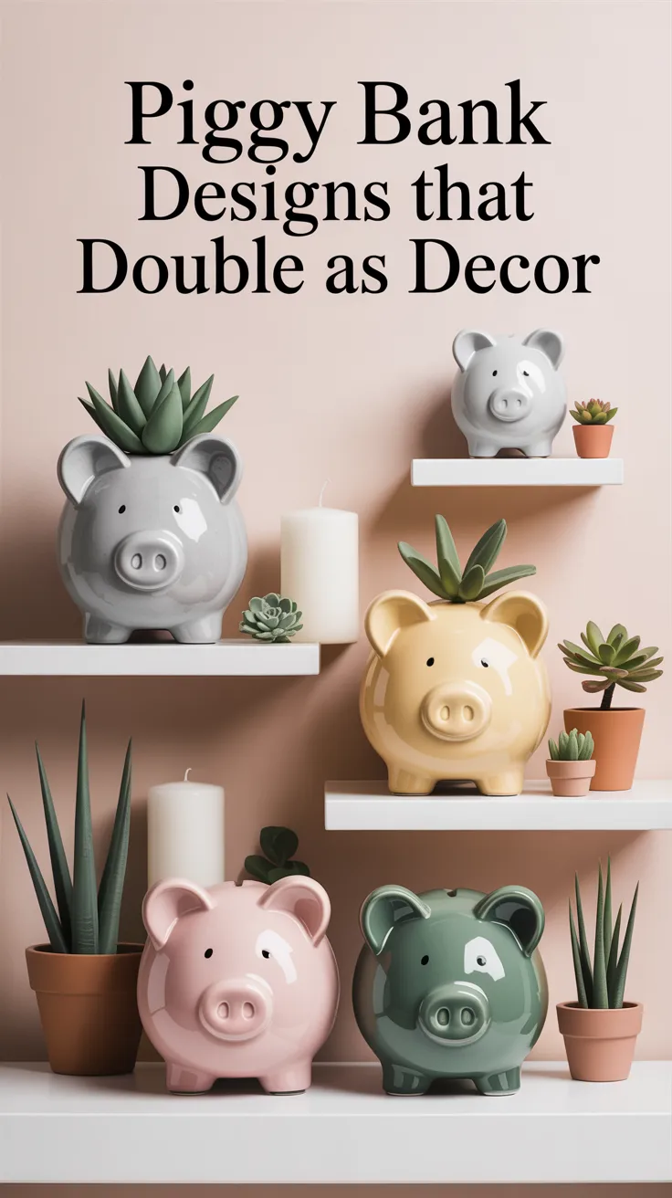 Elegant ceramic piggy banks in blush pink and white arranged on a marble surface with gold coins and eucalyptus