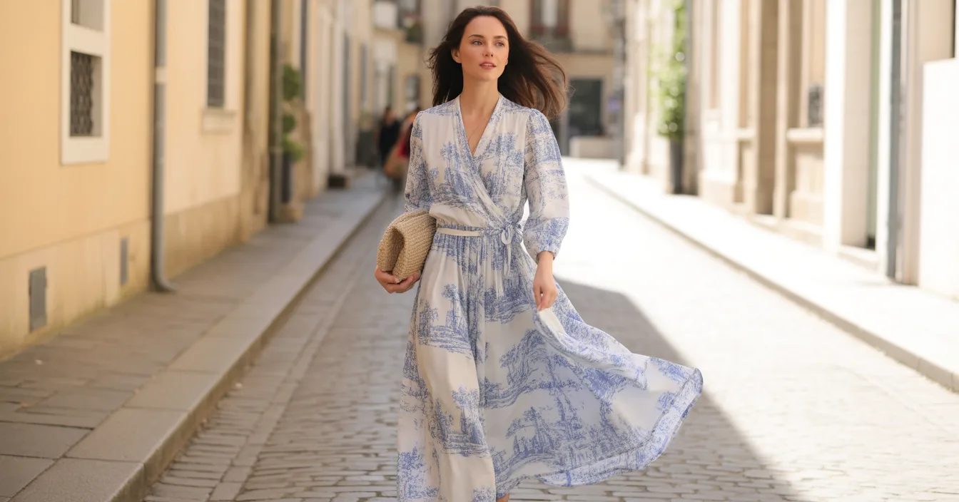 Blue and White Printed Wrap Dress