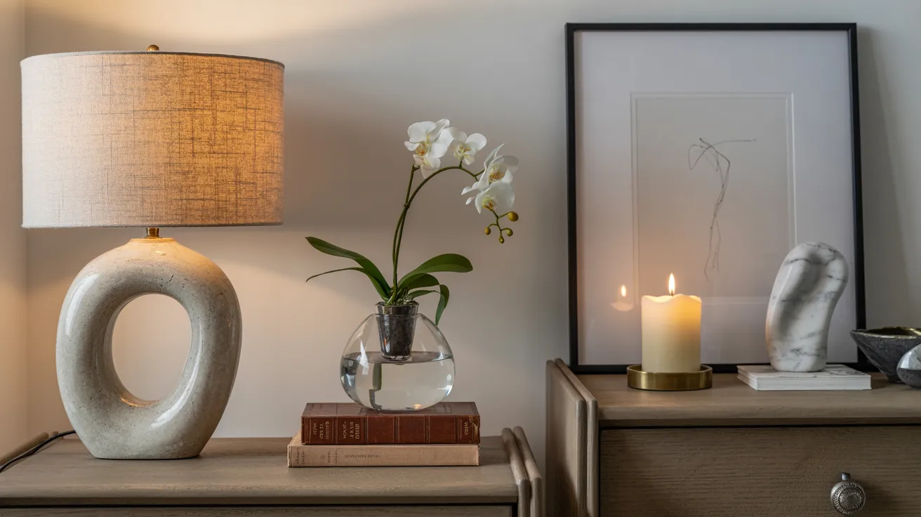 A beautifully styled bedroom nightstand and dresser scene, curated decor only, candle, small vase, stacked books, sculptural lamp, framed art, clean and elegant styling, uncluttered luxury home decor photography