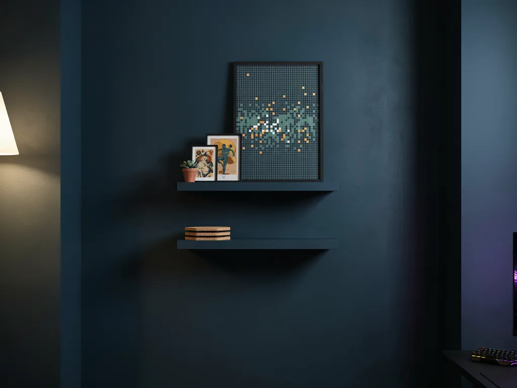 Floating shelves in a small gaming room holding small framed prints and coasters, using vertical wall space instead of floor space