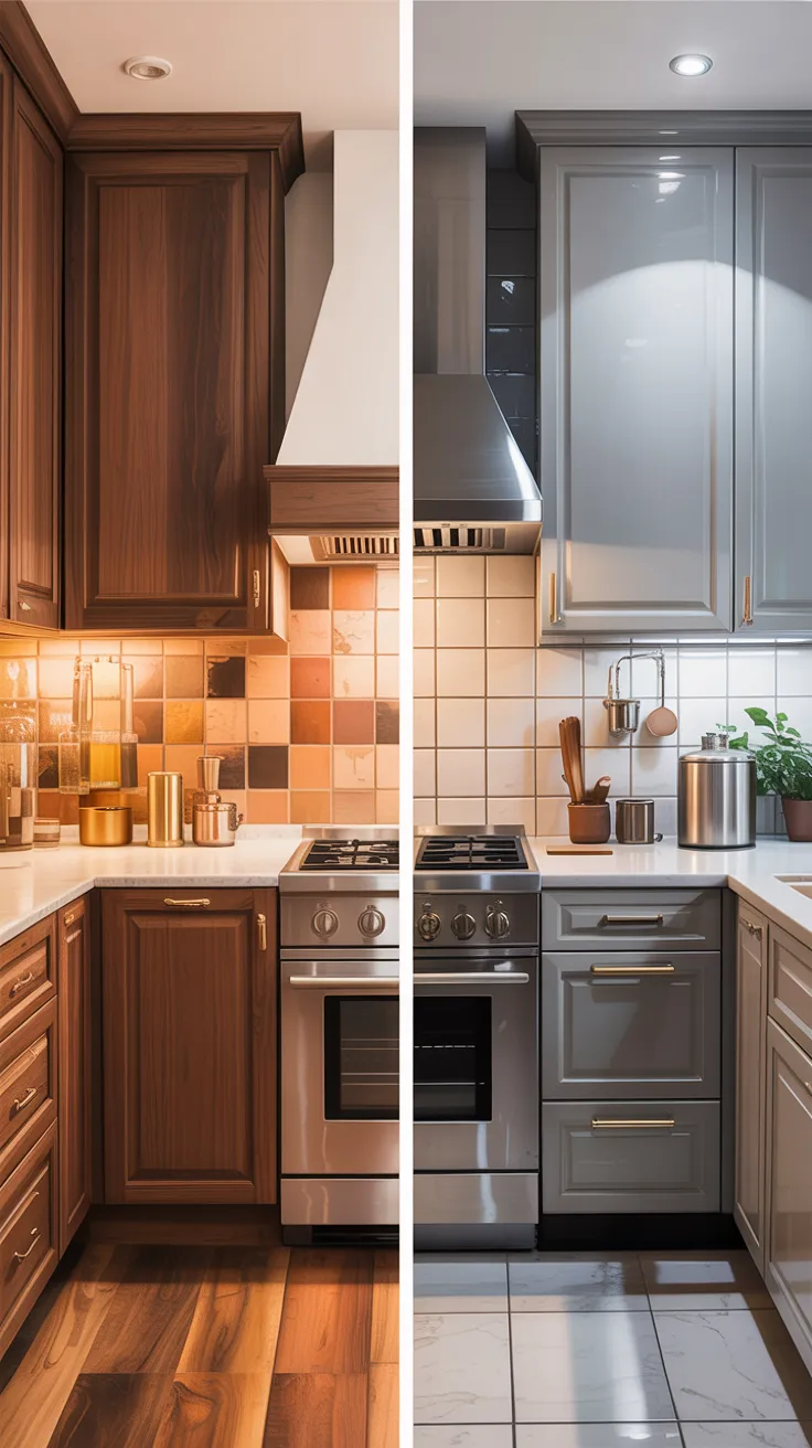 A split-image comparison of two modern kitchens side by side. The left kitchen features rich walnut-colored wooden cabinets with brass hardware pulls, a white range hood, and a terracotta-tiled backsplash. The countertops are white, and the flooring is hardwood in a matching brown tone. The right kitchen showcases light gray shaker-style cabinets with brass bar handles, a stainless steel range hood, and white subway tile backsplash. The appliances are stainless steel, including a professional-style gas range. The countertops are white quartz, and the flooring is large format white marble-look tiles. Both kitchens have recessed ceiling lights. The lighting in both images creates warm, inviting atmospheres, with the left kitchen having warmer tones and the right kitchen having cooler, more neutral lighting. The countertops in both kitchens contain various cooking utensils, pots, and small appliances in metallic finishes. A small green plant is visible in the right kitchen corner. The cabinets in both kitchens feature raised panel designs, and the countertops are full-width with clean lines.